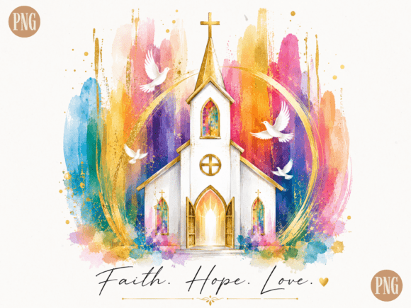 Faith Hope Love Church Watercolor PNG for T-Shirt Designs