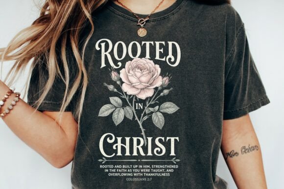 Rooted in Christ Bible Verse Rose T-Shirt Designs
